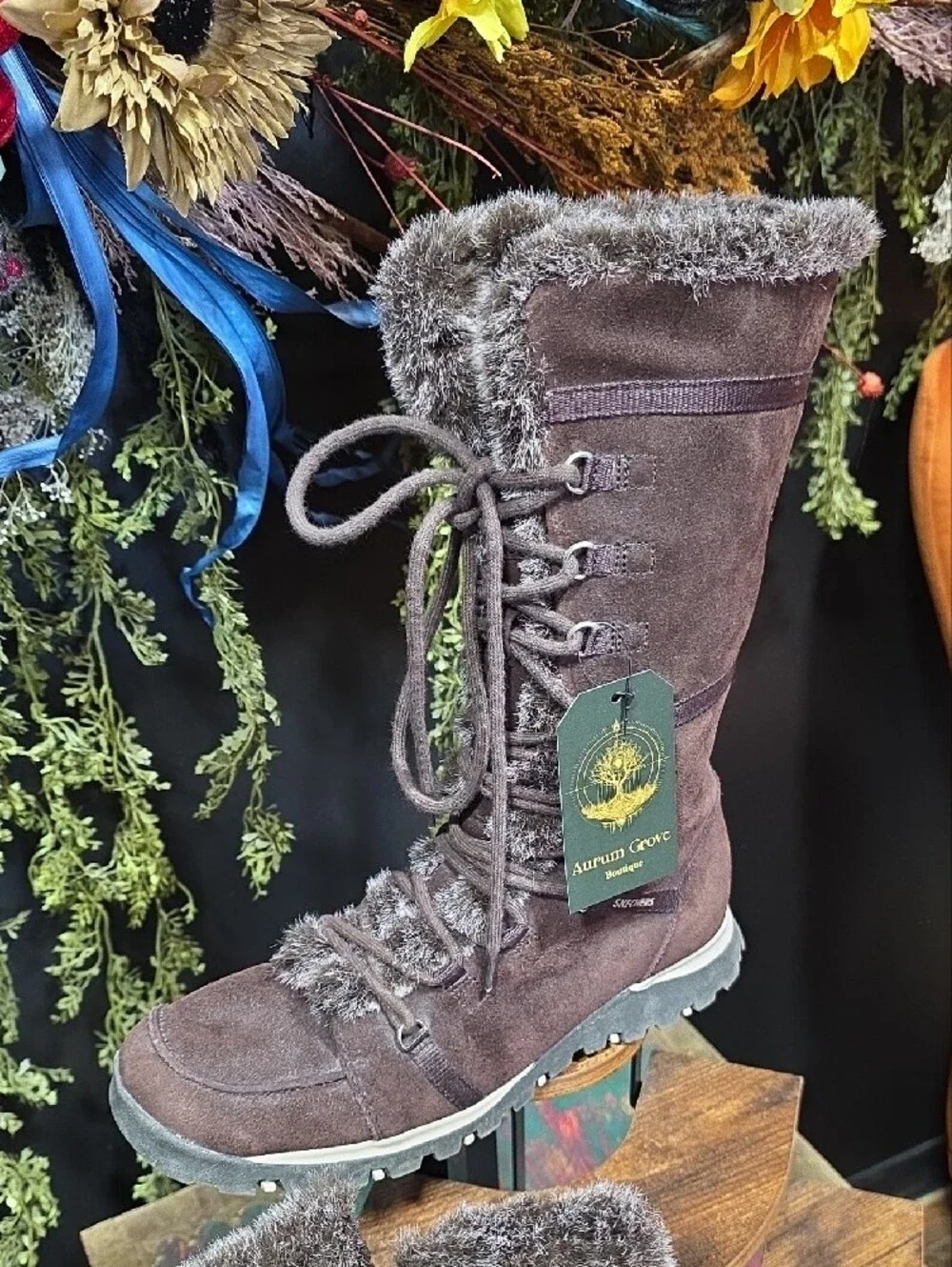 Skechers Women's Dark Brown Suede & Faux Fur-Lined Lace-Up Winter Boots